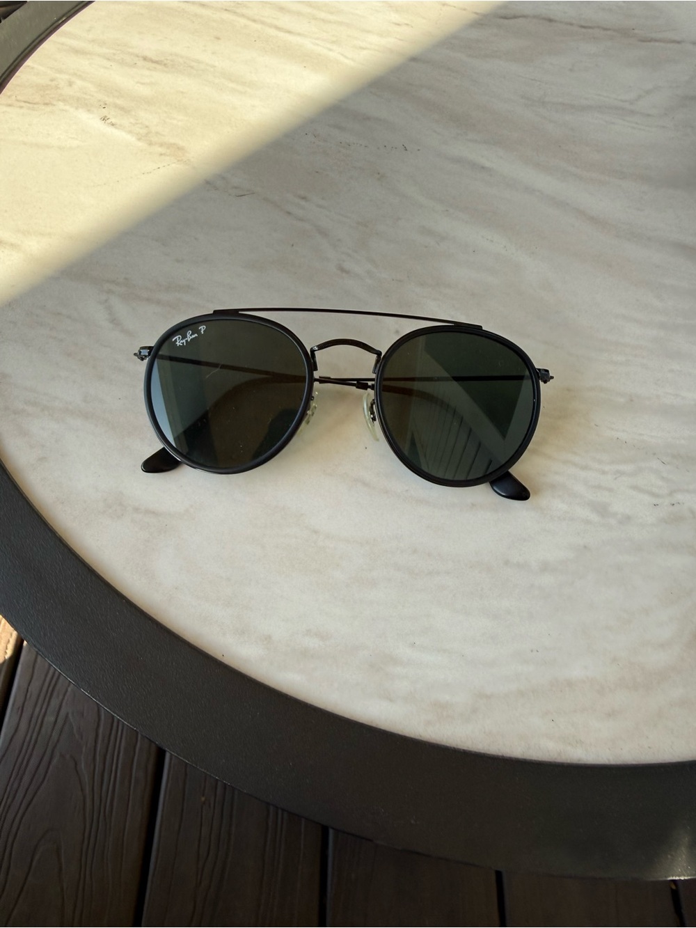 Ray-Ban Black Metal Round Double-Bridge Sunglasses with Dark Green Lenses